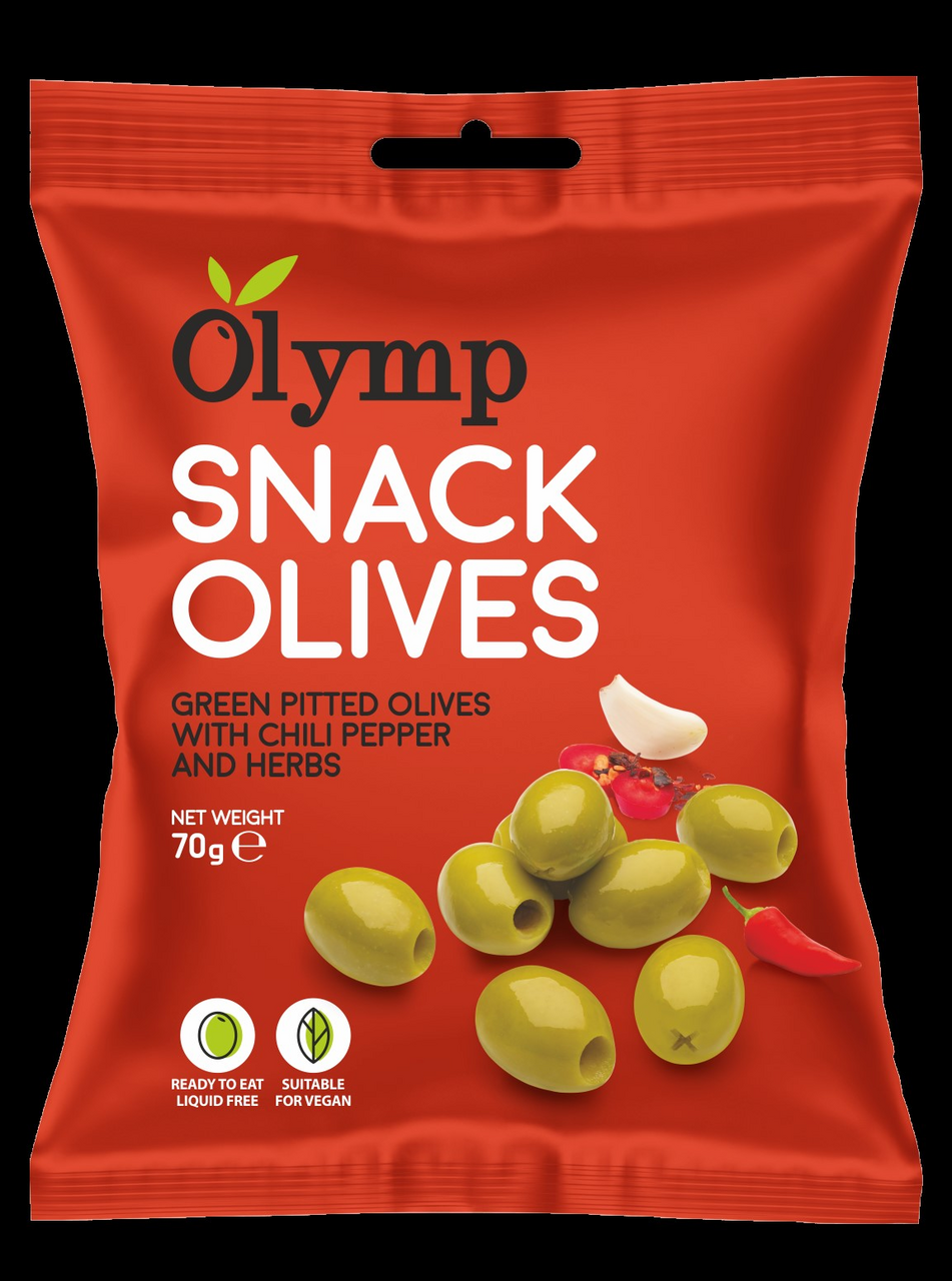 Olymp Snack Olives fűszerezett zöld magozott olajbogyó chili paprikával 70 g