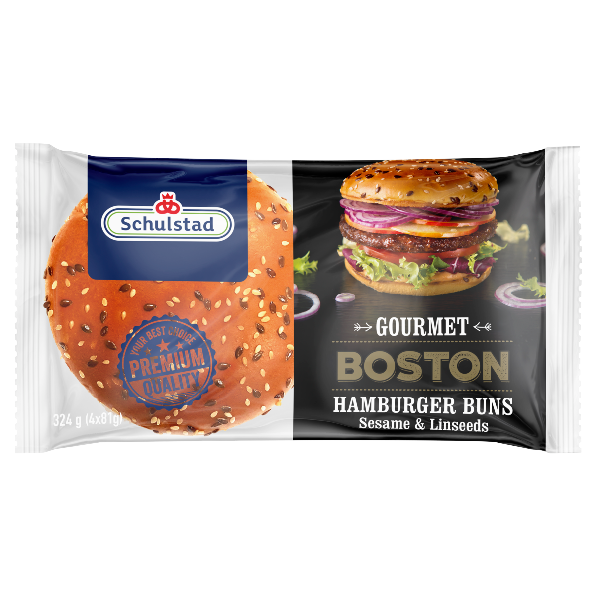 Schulstad Boston lenmaggal és szezámmaggal szórt hamburgerzsemle 4 x 81 g (324 g)