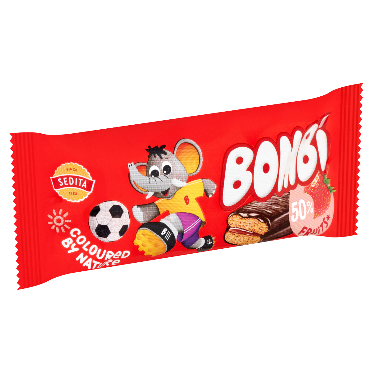 Bombi kakaós bevonómasszába mártott, vegyes gyümölcsös-epres lekvárral töltött puszedli 50 g