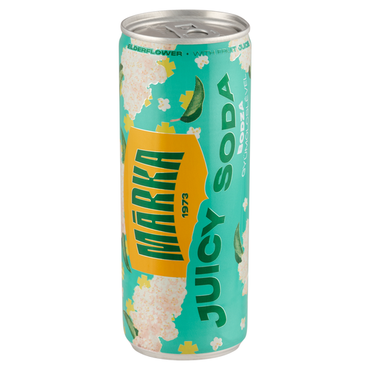 MÁRKA Juicy Soda bodzaízű szénsavas üdítőital cukorral és édesítőszerrel 250 ml