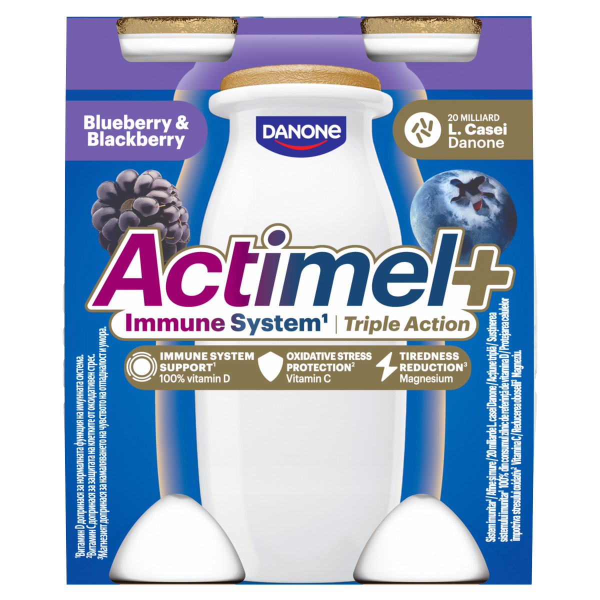 DANONE Actimel+ áfonya- és feketeszeder ízű joghurtalapú ital 4 x 100 g (400 g)